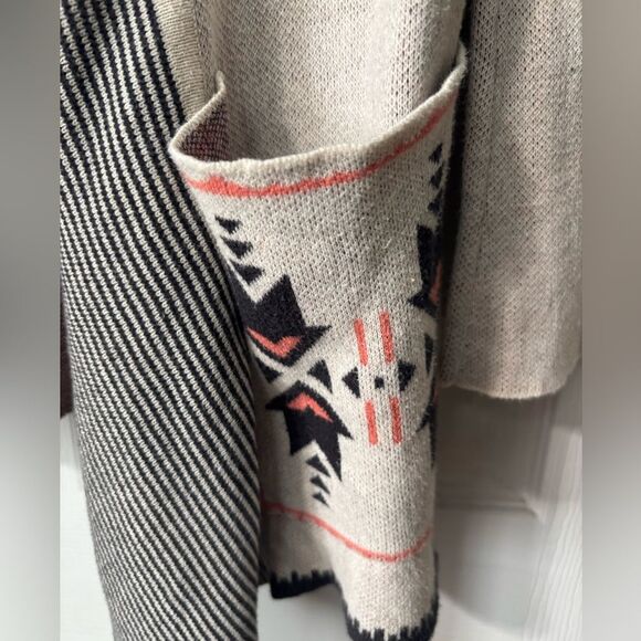 Billabong Boho Aztec Sz Small Open Front Draped Cardigan Sweater Logo Collared - Picture 5 of 10